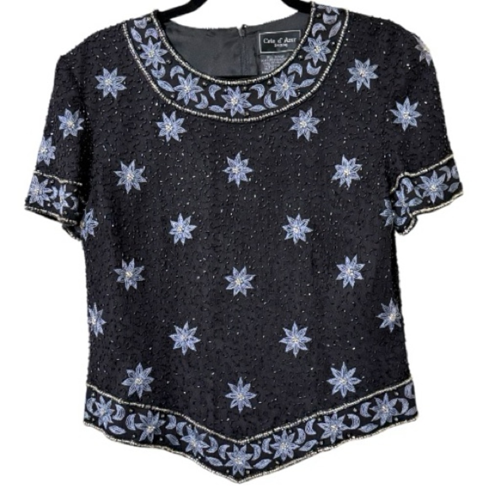Cote d’ Azur medium vintage silk beaded sequin floral formal top evening wear